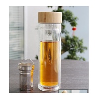 Bouteille isotherme JM 500 ml en verre borosilicate à double paroi avec infuseur et couvercle en bambou, personnalisable avec logo, résistante aux hautes températures