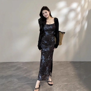 Tie Dye Sleeveless Strapless Dress Women Slim Fit Ink Painting Pattern Maxi Skirt Party Wear Black Dress Polyester YX 8143 - Product Image 4