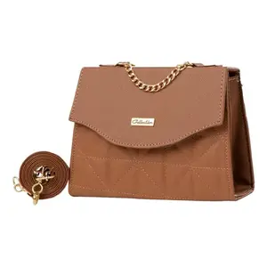 Bolso de Hombro Fana Dafne de Cuero Camel con Cierre de Solapa Acolchado con Diamantes para Uso Diario - Product Image 1