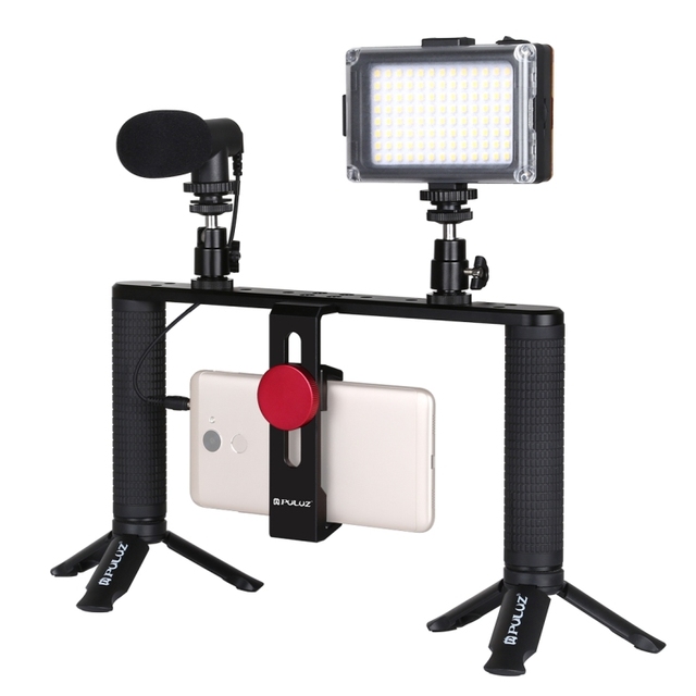PULUZ Vlogging Live Broadcast LED Selfie Light Smartphone Video Rig Handle Stabilizer Aluminum Bracket Kits with Microphone