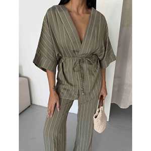 ชุดกิโมโนลายทาง Cagla สำหรับผู้หญิง ไซส์ S สีเขียวมะกอก ลายเส้นเล็ก ชุดลำลอง - Product Image 2