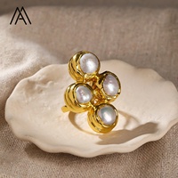 Bague ajustable vintage à quatre pétales en perle, or, accessoire quotidien pour femme