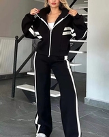 Ensemble de survêtement rayé zippé 2 pièces pour femme : sweat à capuche court à manches longues et pantalon large – Tenue décontractée de sport pour le quotidien