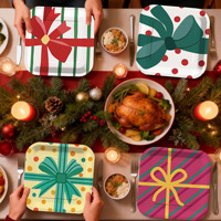 Kotak Hadiah Natal Piring Kertas Persegi Sekali Pakai Biodegradable Motif Pita Piring Makan Dekorasi Meja Pesta Ulang Tahun Liburan Natal