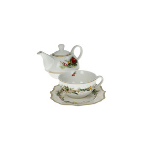 Carol White Bone China <b>Teapot</b> With Cup And Saucer <b>Set</b> Christmas Holiday Design - Product Image 1
