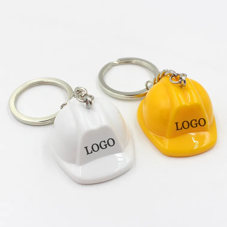 Porte-clés en plastique ABS jaune, Mini casque de sécurité, impression de Logo, porte-clés personnalisé, bon marché, porte-clés en forme de chapeau