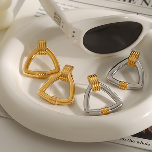 Geometric <b>Stud</b> <b>Earrings</b> 18k Gold Stainless Steel Ribbed Design Party Fashion Jewelry - Product Image 3