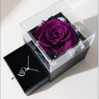 Boîte à bijoux en acrylique véritable fleur de rose unique éternelle avec double tiroir pour bague et collier Boîte cadeau préservée pour la fête des mères