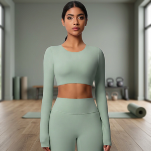 Conjunto de Yoga Verde Salvia de 2 Piezas, Top Corto de Manga Larga y Leggings de Cintura Alta, Ropa de Gimnasio, Venta al Por Mayor, Diseño de Logotipo Personalizado, Impresión 2026 - Product Image 2