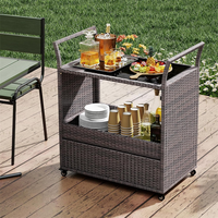 Chariot de service extérieur en osier, portable, avec grand espace de rangement, sur roulettes, pour jardin et barbecue