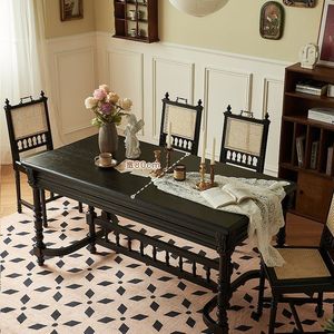 French <b>Retro</b> Solid Wood Rectangular <b>Dining</b> <b>Table</b> Black Carved Design Modern Minimalist Style Stable Structure For Home Use - Product Image 3