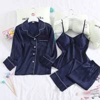 Coeur pyjamas ensembles 3 pièces Pijamas femme vêtements de nuit en soie en Stock rouge vêtements de nuit pour femmes Sexy vêtements de nuit Satin col en v