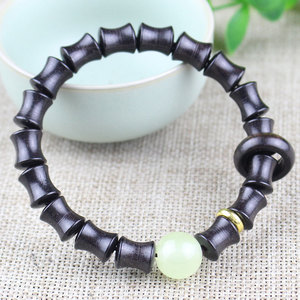 Bracelet en bambou ébène Ling Gusi avec perles de jade, style ethnique, pour hommes, femmes, couples, bijoux bouddhistes, perles bouddhistes, simple tour - Product Image 1