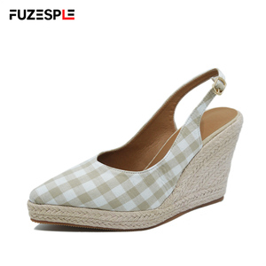 Nuove Scarpe Estive da Pescatore per Donna, Sandali con Zeppa in Tela a Quadri, Punta Affusolata, Sexy, Retrò, Espadrillas Slip-On 10cm - Product Image 1