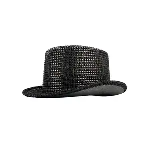 Sombrero de cubo de diamantes de imitación negro brillante para adultos, sombreros de baile de Jazz, accesorio de disfraz de fiesta de Halloween