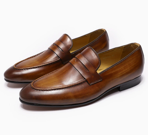 Mocassins pour hommes en cuir véritable marron à bout pointu, chaussures habillées de bureau à enfiler, semelle extérieure en caoutchouc, toutes saisons - Product Image 4