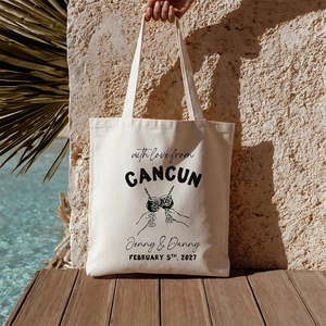 ของชำร่วยงานแต่งงานแบบกำหนดเอง ลายวาดสไตล์ท่องเที่ยวและชายหาด ของชำร่วยงานแต่งงานส่วนตัว กระเป๋าผ้าแคนวาสแบบกำหนดเองสำหรับคู่บ่าวสาว - Product Image 3