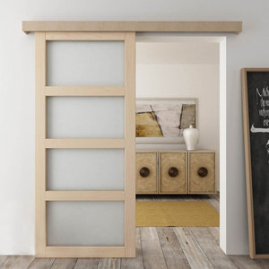 36 pouces. X 84 pouces. <span class=keywords><strong>Porte</strong></span> <span class=keywords><strong>coulissante</strong></span> de grange en verre trempé avec rail caché en aluminium miroir, 5 lumières égales avec verre dépoli - Product Image 1