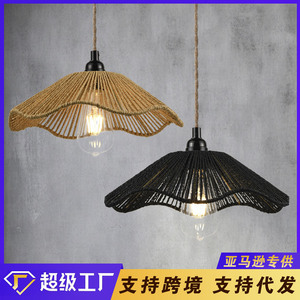 Abat-jour suspendu rétro en paille jaune et noir, écologique, pour usage intérieur dans les salons de thé, les bureaux et les maisons d'hôtes - Product Image 5