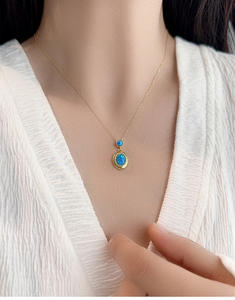 925 Sterling Silver Gold Plated Two Stone Blue <b>Opal</b> Bezel Set Pendant <b>Necklace</b> Dainty Vintage Jewelry For Women - Product Image 3