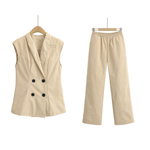 Conjunto de Blazer sin Mangas para Mujer, Cierre Doble, Color Sólido, Verano, Casual, Corte Regular, Traje de 2 Piezas de Longitud Completa - Product Image 6