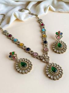 Royal Sabyasachi Necklace Choker <b>Set</b> Bollywood <b>Jewelry</b> Navratna Necklace <b>Indian</b> Bridal Choker Artificial Jewellery - Product Image 2