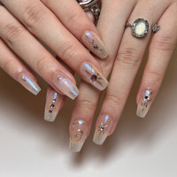 Faux Ongles en Gel 2026 Style Ciel Étoilé, Longs Amande à Coller, Base Nude Bleu Marine avec Paillettes Étoiles Dorées, Faux Ongles Acryliques