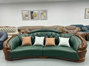 Sofá elegante de estilo europeo, sofá chino de madera maciza de alta gama con capa superior de cuero vacuno azul para sala de estar o villa. - Product Image 2