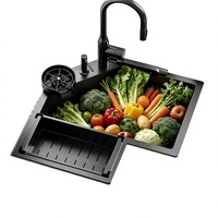 Évier d'angle de cuisine en acier inoxydable 304 noir nano-texturé en forme de L de 650*650 mm, adapté au design d'espace d'angle de cuisine.