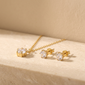 Ensemble Collier Pendentif Solitaire et Boucles d'Oreilles en Acier Inoxydable Plaqué Or PVD 18K avec Zircon Cubique Rond à 6 Griffes, Bijoux pour Femme, Vente en Gros, Personnalisation OEM - Product Image 6