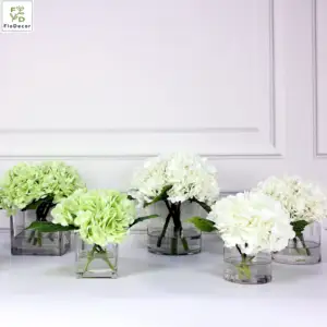 High Quality Customized Artificial Real Touch Hydrangea Flower Floral Arrangement with Square Vase and Resin Water