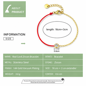 สร้อยข้อมือเพทายสีแดง สายสแตนเลสชุบทอง 14K ดีไซน์ครึ่งโซ่พร้อมหินกลมใส - Product Image 5