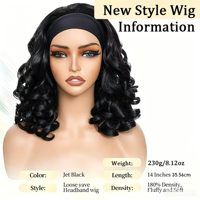 Perruque synthétique sans colle avec bandeau, 14 pouces, ondulations lâches, noir de jais, densité 180%, fibres résistantes à la chaleur et volumineuses, pour femmes noires, en stock