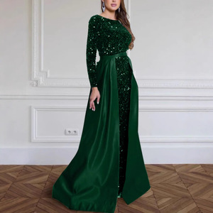 Evening Gown Long Sleeve O-Neck <b>Sequined</b> Asymmetric Maxi Dress For Banquet Party Host Queen Aura - Product Image 3