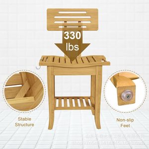 Bamboo Shower Stool With Backrest Solid Wood Waterproof Non Slip <b>Bath</b> Seat <b>Storage</b> Shelf Lounge Chair - Product Image 2