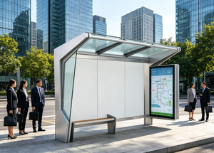 Abri <span class=keywords><strong>de</strong></span> bus moderne en verre trempé Rusuu Shanghai avec sièges extérieurs, dimensions personnalisées, cadre pour affiches et recharge USB - Product Image 2