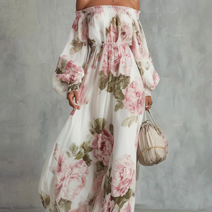 Vestido Midi Bohemio de Gasa con Hombros Descubiertos, Estampado Floral y Cintura Fruncida para Mujer, Ideal para <span class=keywords><strong>Vacaciones</strong></span> de Verano - Product Image 2