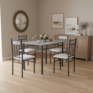 Ensemble de salle à manger 5 pièces en faux marbre avec table et chaises modernes à dossier à lattes, mobilier de maison - Product Image 2