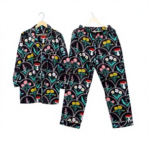 Ensemble de pyjama pour femmes à imprimé floral, manches longues, col rabattu, taille élastique, 100% coton, vêtements de nuit décontractés - Product Image 1