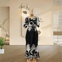 Robe Boubou Africaine en Gros pour Femmes, Manches Courtes, Imprimé Palmiers, Taille à Cordon, Grande Taille, Robe Longue Décontractée Maxi