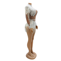 Combinaison à franges en strass pour femme, en maille transparente à manches longues, ensemble deux pièces perlé, costume de scène pour festival de musique