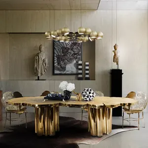 Kf Casa Modern yüksek kalite benzersiz İtalyan tasarım paslanmaz çelik taban yemek odası masa lüks Metal üst yemek masası seti