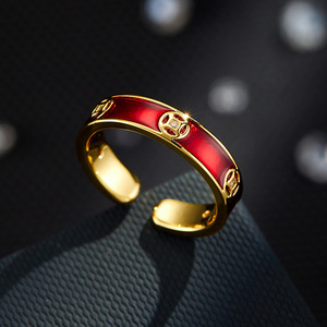 Exquisite Chinese Style Red Glazed Copper Coin Open Ring Gold Plated Adjustable Index Finger Luxury Ring Band - Product Image 1