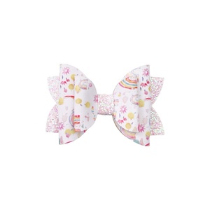 Embroidered Flower Sweet PU Leather and Fabric Butterfly Hairpin Printed Glitter Shiny <b>Bow</b> Three-Layer Bang Hair <b>Clip</b> - Product Image 5