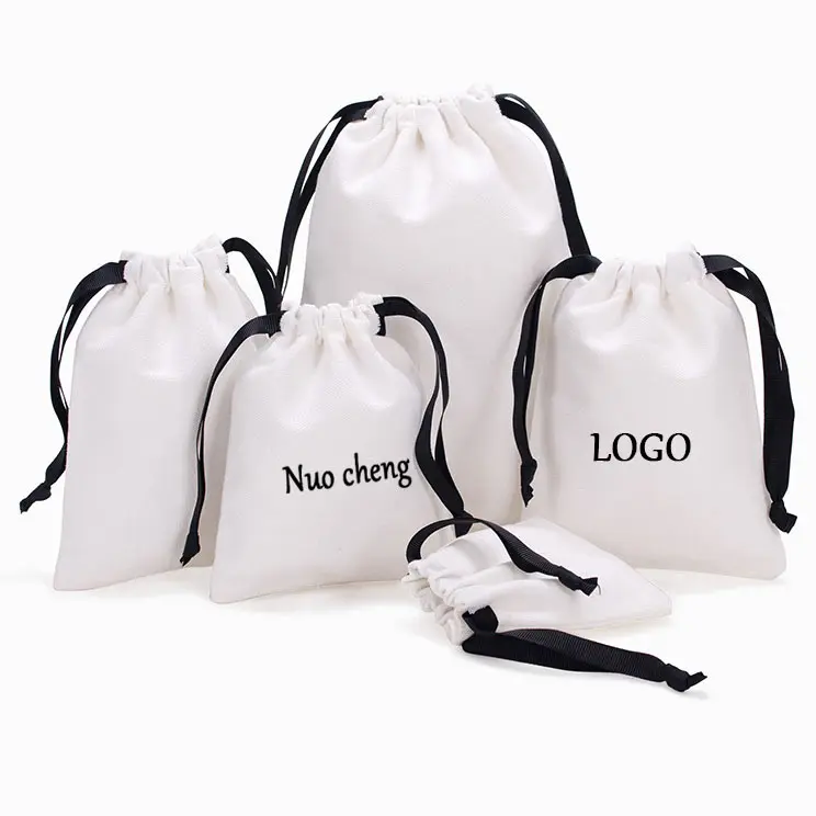 Bej tuval pamuk büzme ipi kese özel Logo baskılı takı ambalaj küçük bez çanta saklama torbaları