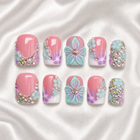 Lot de 10 faux ongles souple carrés-ovales faits main, motifs fleurs roses, blanches et bleues, style French Manucure mignon, grand pack