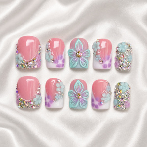 ลายเล็บเฟรนช์ทิปน่ารัก ทำมือ 10 ชิ้น <span class=keywords><strong>ทรง</strong></span>สควอวัล สีชมพูอ่อน ขาว ฟ้า ลายดอกไม้ ชุดทำเล็บปลอม แพ็คใหญ่ - Product Image 1
