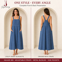 Pabrik Joydressing Gaun Linen Wanita Custom, Polos Kasual, Tali Dapat Disesuaikan, Saku, Berlapis, Midi Dress OEM ODM
