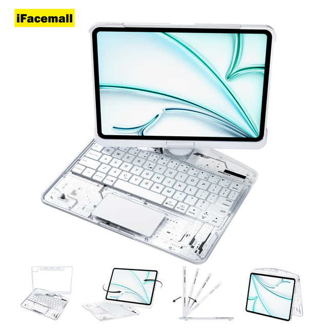 IFacemall OEM ODM Good Quality 360 Rotating Transparent Magic 7-RGB Backlit Keyboard case for iPad 10th Gen 2022/ iPad A16 2025