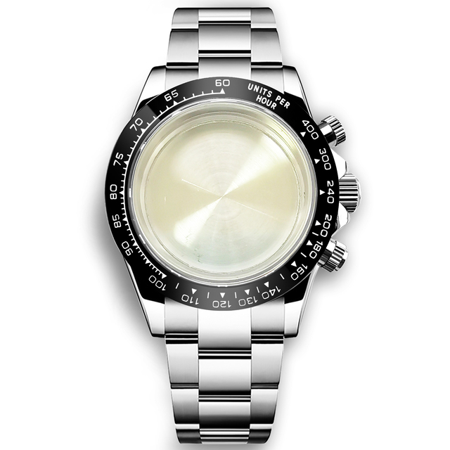 39mm Stainless Steel Watch Case Silver Rose Sapphire Glass Ceramic Bezel Compatible VK63 Quartz Movement Featuring Rubber